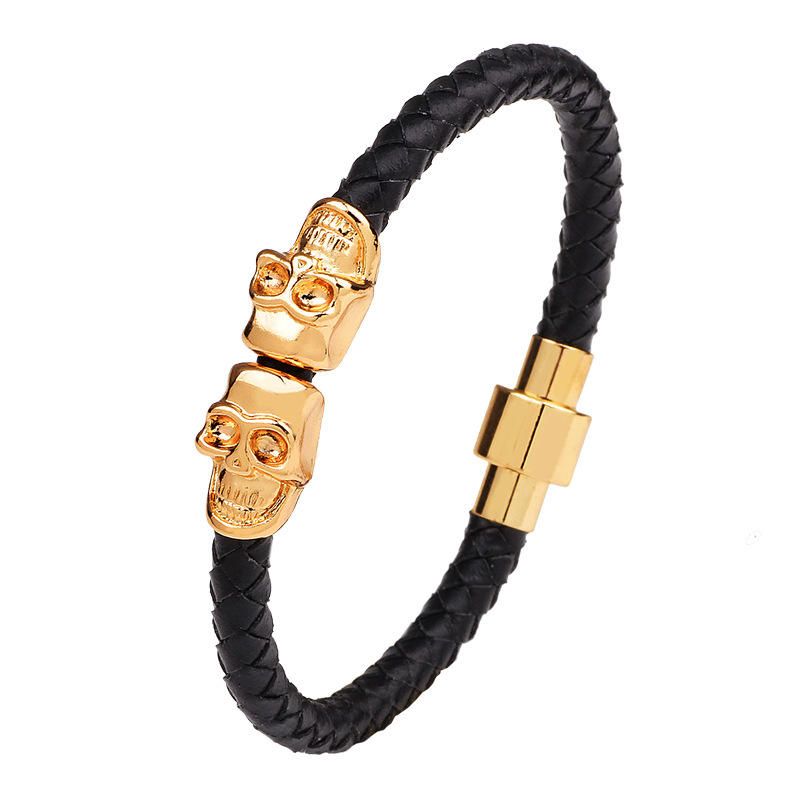 Pulsera De Brazalete De Calavera De Oro Retro Para Hombre Pulseras De Cadena De Cuero Multicolor