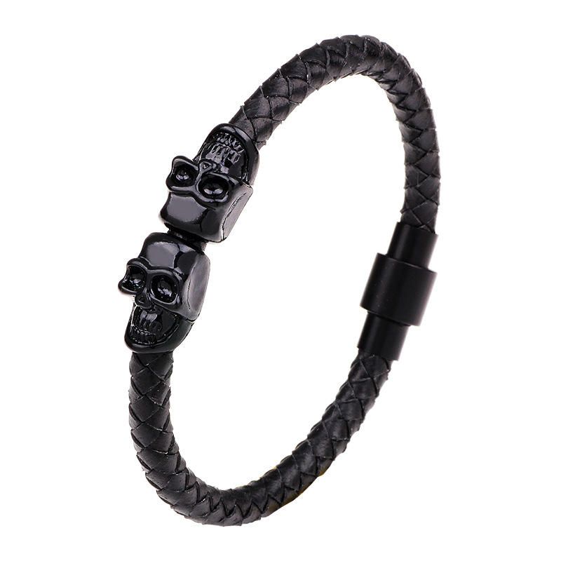 Pulsera De Brazalete De Calavera De Oro Retro Para Hombre Pulseras De Cadena De Cuero Multicolor