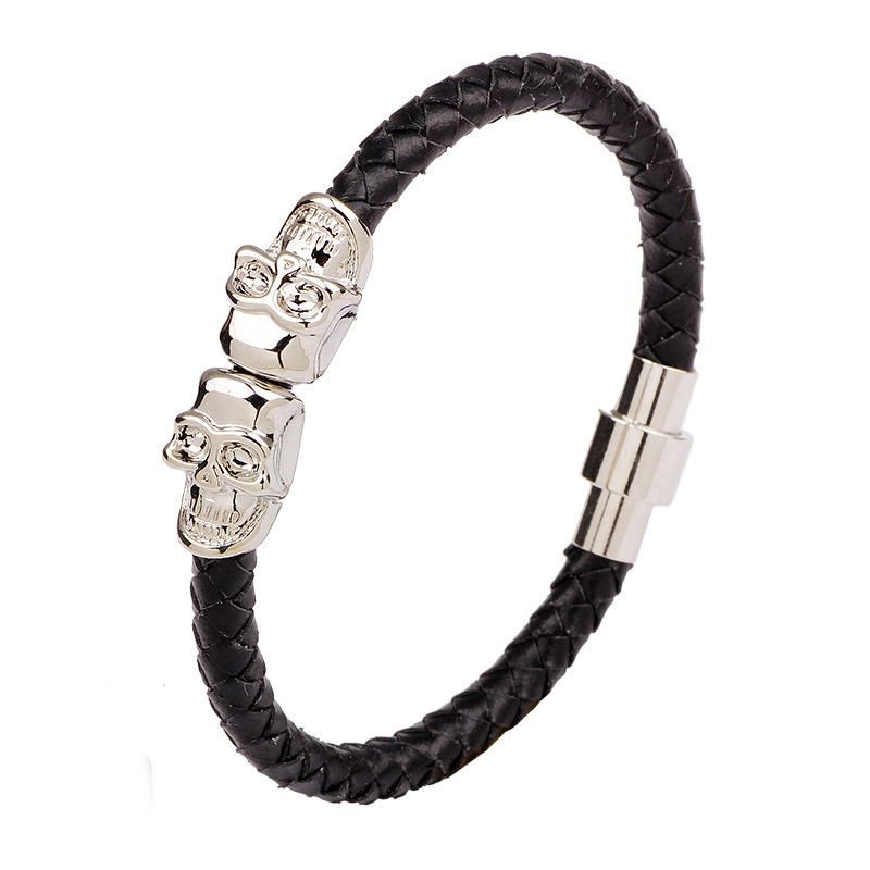 Pulsera De Brazalete De Calavera De Oro Retro Para Hombre Pulseras De Cadena De Cuero Multicolor