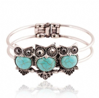 Pulsera De Búho De Plata Tailandesa De Imitación De Turquesa Bohemia