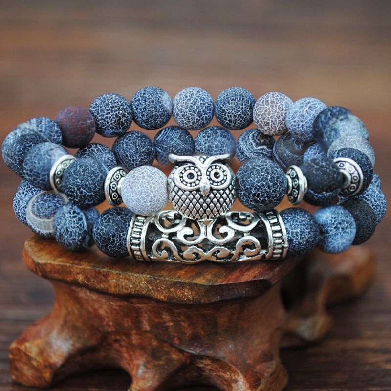 Pulsera De Búho De Plata Tibetana Hecha A Mano Pulsera De Cuentas De Cristal De Piedras Preciosas Naturales Cuerda Elástica Hombres Mujeres Pulsera De Cuentas