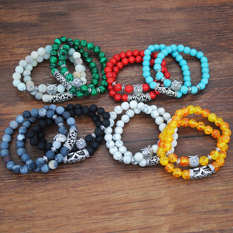 Pulsera De Búho De Plata Tibetana Hecha A Mano Pulsera De Cuentas De Cristal De Piedras Preciosas Naturales Cuerda Elástica Hombres Mujeres Pulsera De Cuentas