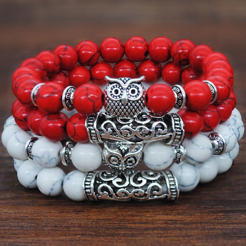 Pulsera De Búho De Plata Tibetana Hecha A Mano Pulsera De Cuentas De Cristal De Piedras Preciosas Naturales Cuerda Elástica Hombres Mujeres Pulsera De Cuentas