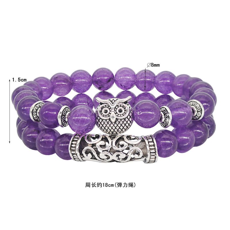 Pulsera De Búho De Plata Tibetana Hecha A Mano Pulsera De Cuentas De Cristal De Piedras Preciosas Naturales Cuerda Elástica Hombres Mujeres Pulsera De Cuentas