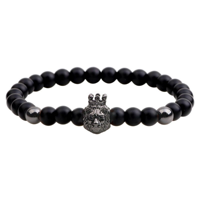 Pulsera Con Cuentas De Ágata Negra Vintage Pulsera Ajustable Con Cabeza De León Punk Para Hombres