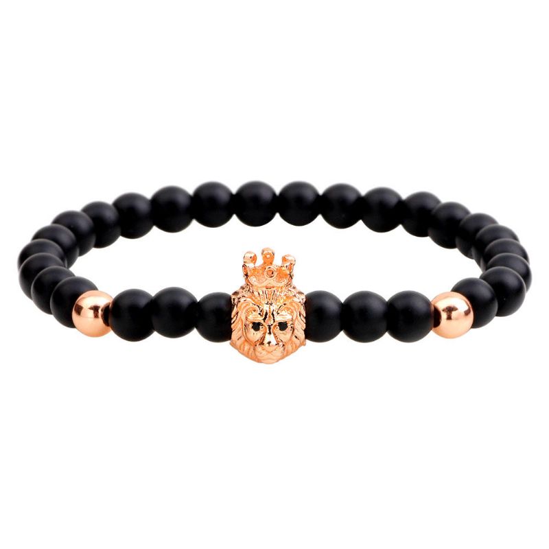 Pulsera Con Cuentas De Ágata Negra Vintage Pulsera Ajustable Con Cabeza De León Punk Para Hombres