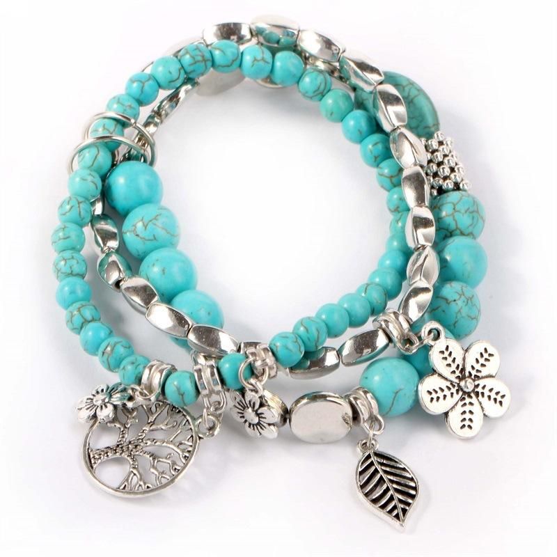 Pulsera De Cuentas De Turquesa Azul Étnica Hojas De Árbol Hueco Flor Planta Encanto Joyería Multicapa