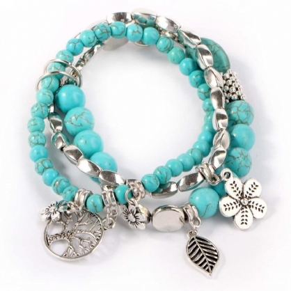 Pulsera De Cuentas De Turquesa Azul Étnica Hojas De Árbol Hueco Flor Planta Encanto Joyería Multicapa