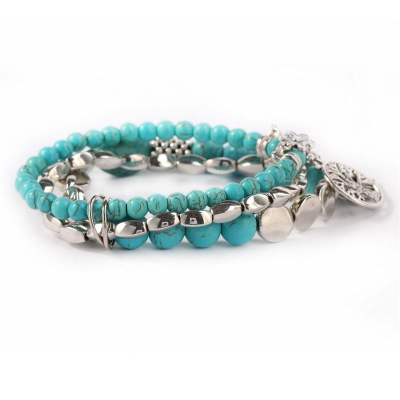 Pulsera De Cuentas De Turquesa Azul Étnica Hojas De Árbol Hueco Flor Planta Encanto Joyería Multicapa