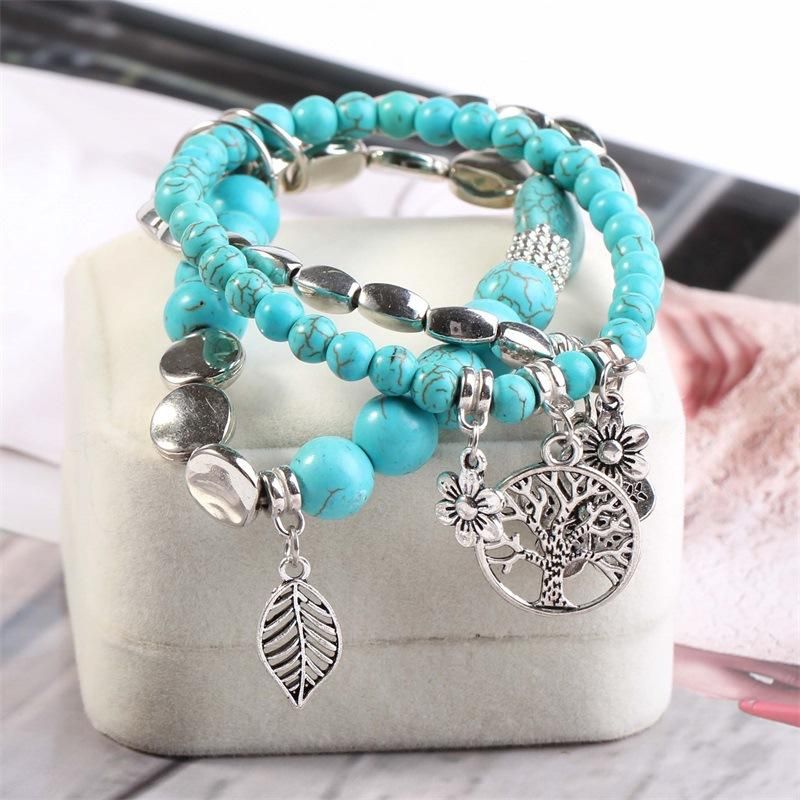 Pulsera De Cuentas De Turquesa Azul Étnica Hojas De Árbol Hueco Flor Planta Encanto Joyería Multicapa