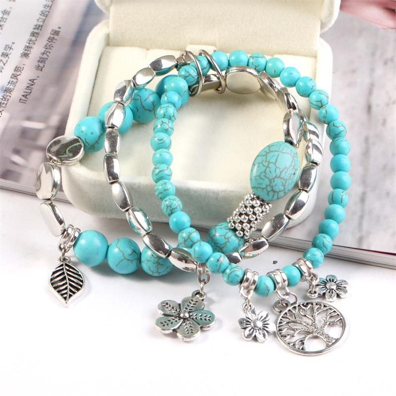 Pulsera De Cuentas De Turquesa Azul Étnica Hojas De Árbol Hueco Flor Planta Encanto Joyería Multicapa