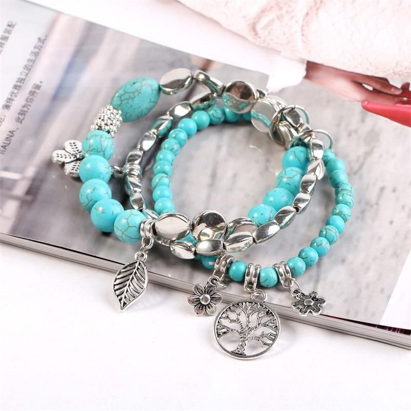 Pulsera De Cuentas De Turquesa Azul Étnica Hojas De Árbol Hueco Flor Planta Encanto Joyería Multicapa