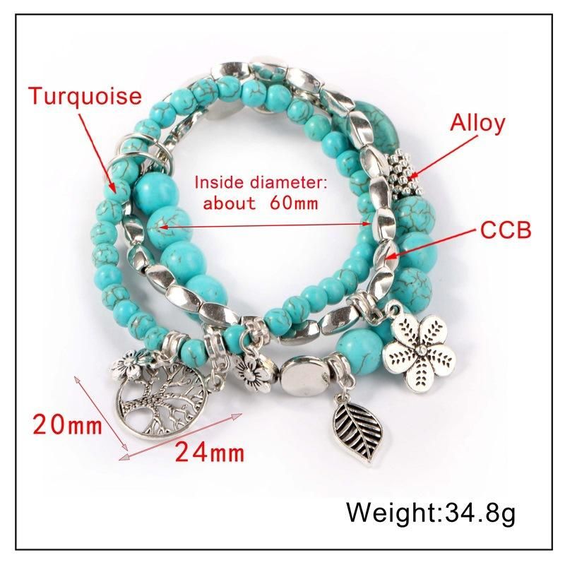 Pulsera De Cuentas De Turquesa Azul Étnica Hojas De Árbol Hueco Flor Planta Encanto Joyería Multicapa