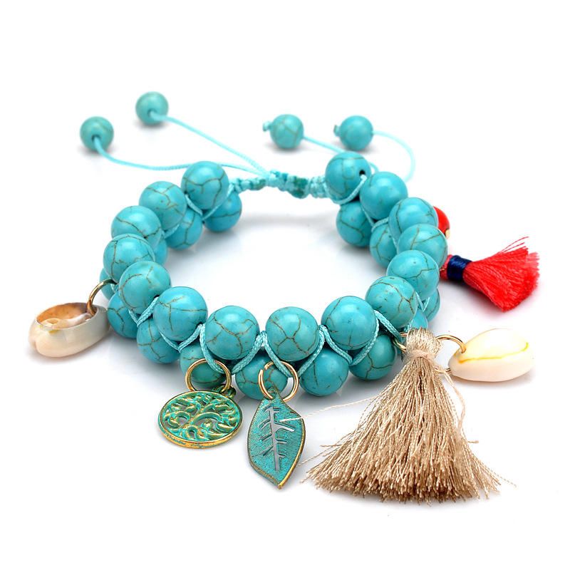 Pulsera De Cuentas De Turquesa Natural Bohemia Concha Hoja Árbol De La Vida Encantos Pulseras De Borla Con Cuentas