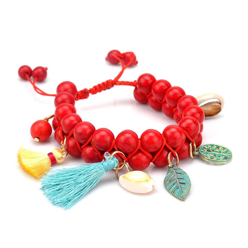 Pulsera De Cuentas De Turquesa Natural Bohemia Concha Hoja Árbol De La Vida Encantos Pulseras De Borla Con Cuentas