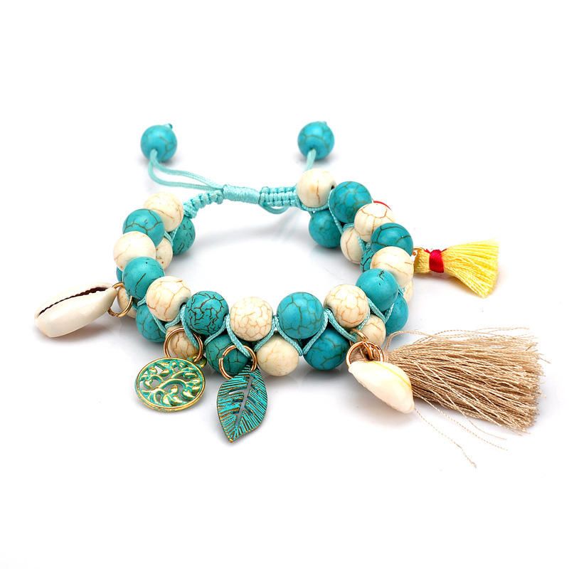 Pulsera De Cuentas De Turquesa Natural Bohemia Concha Hoja Árbol De La Vida Encantos Pulseras De Borla Con Cuentas