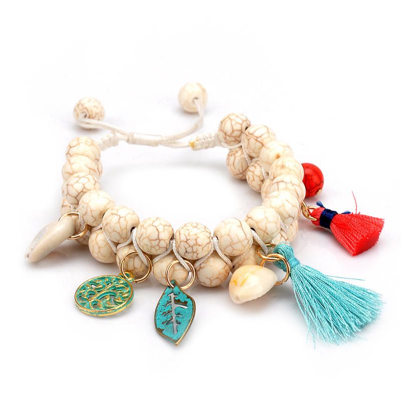 Pulsera De Cuentas De Turquesa Natural Bohemia Concha Hoja Árbol De La Vida Encantos Pulseras De Borla Con Cuentas