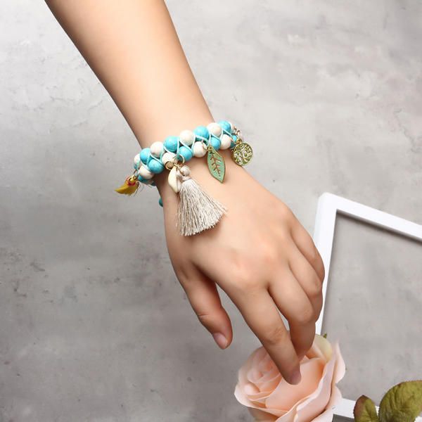 Pulsera De Cuentas De Turquesa Natural Bohemia Concha Hoja Árbol De La Vida Encantos Pulseras De Borla Con Cuentas