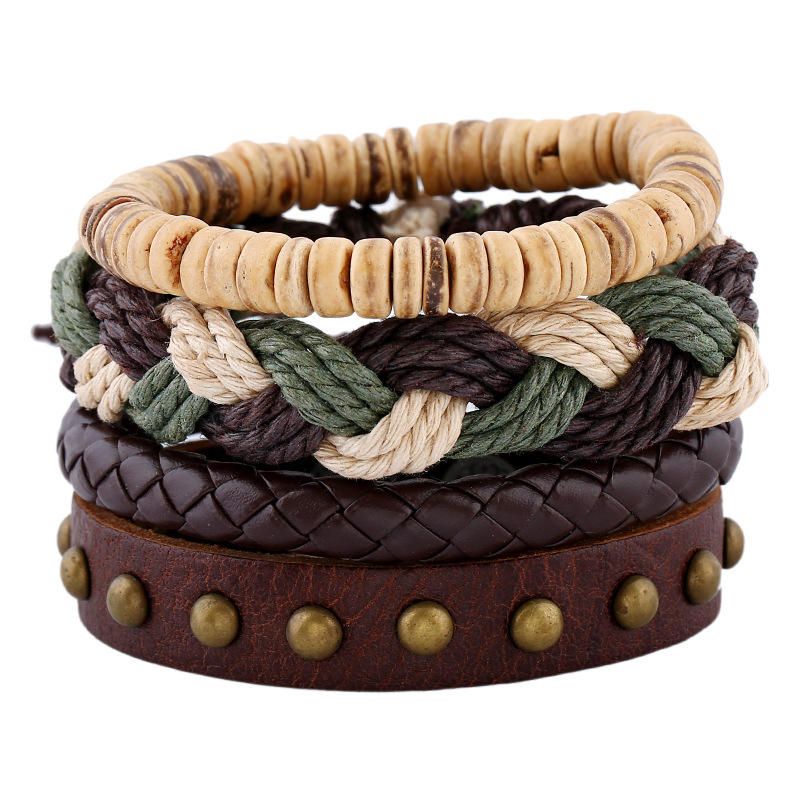 Pulsera De Cuerda De Cáñamo De Tejido Bohemio Pulseras De Cuero De Piel De Vaca Multicapa Vintage Joyas Para Hombres