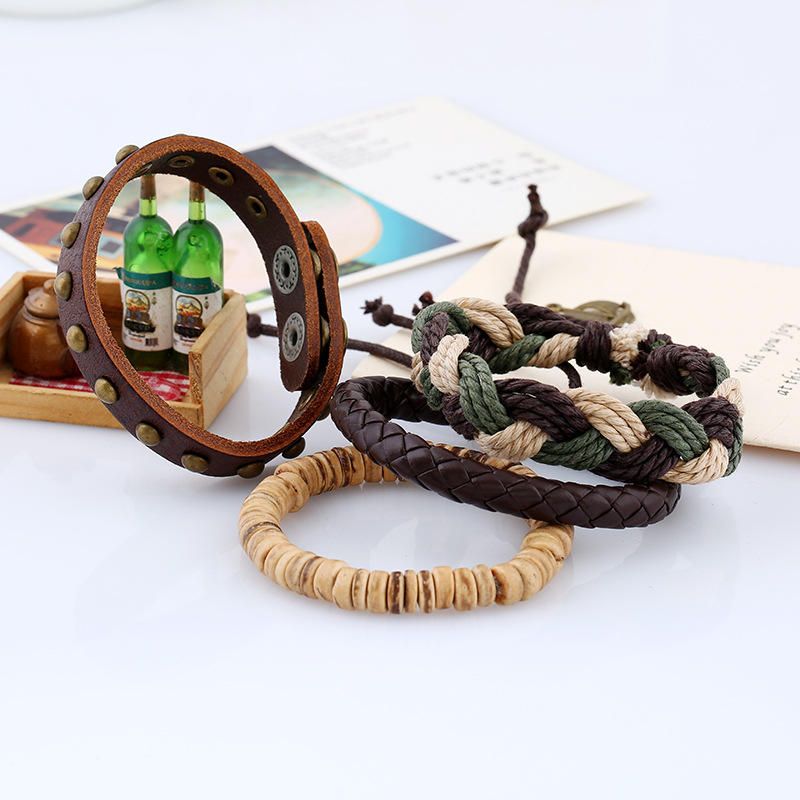 Pulsera De Cuerda De Cáñamo De Tejido Bohemio Pulseras De Cuero De Piel De Vaca Multicapa Vintage Joyas Para Hombres