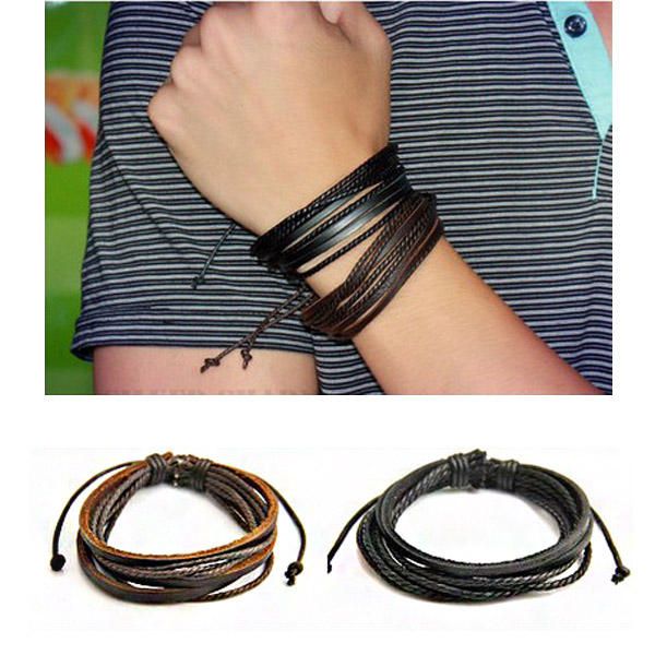 Pulsera De Cuerda Trenzada Tejida De Cuero Multicapa Unisex De Moda