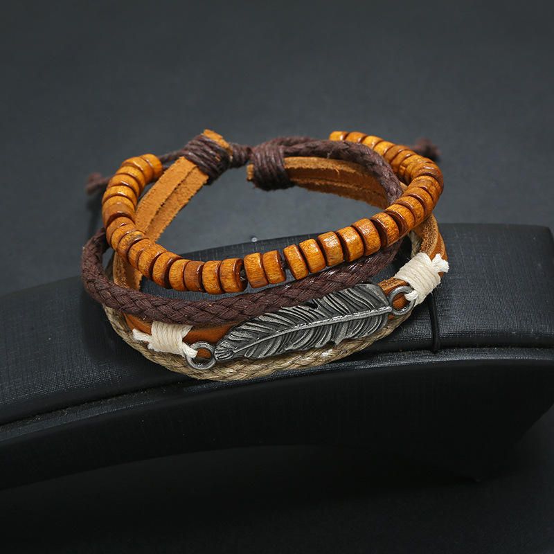 Pulsera De Cuero Con Colgante De Hoja Vintage Cuentas De Madera Pulseras Multicapa Joyería Étnica