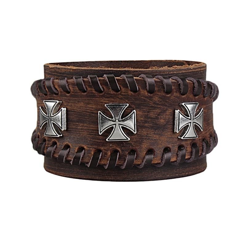 Pulsera De Cuero Genuino Doble Con Cruz De Aleación De Zinc Ajustable Punk Para Hombres