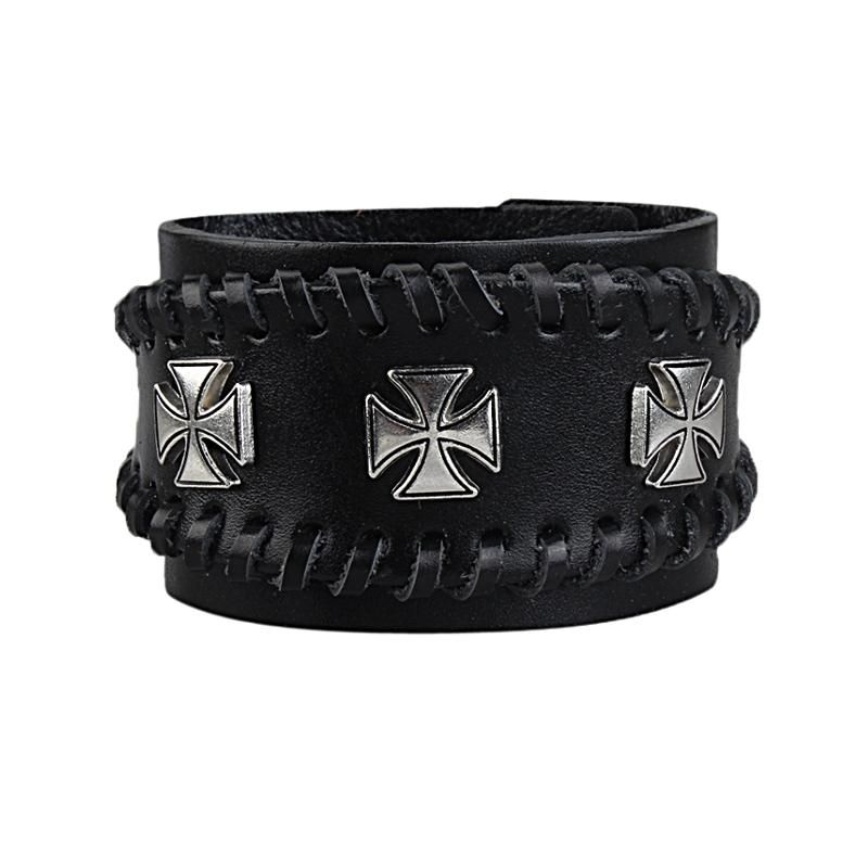 Pulsera De Cuero Genuino Doble Con Cruz De Aleación De Zinc Ajustable Punk Para Hombres