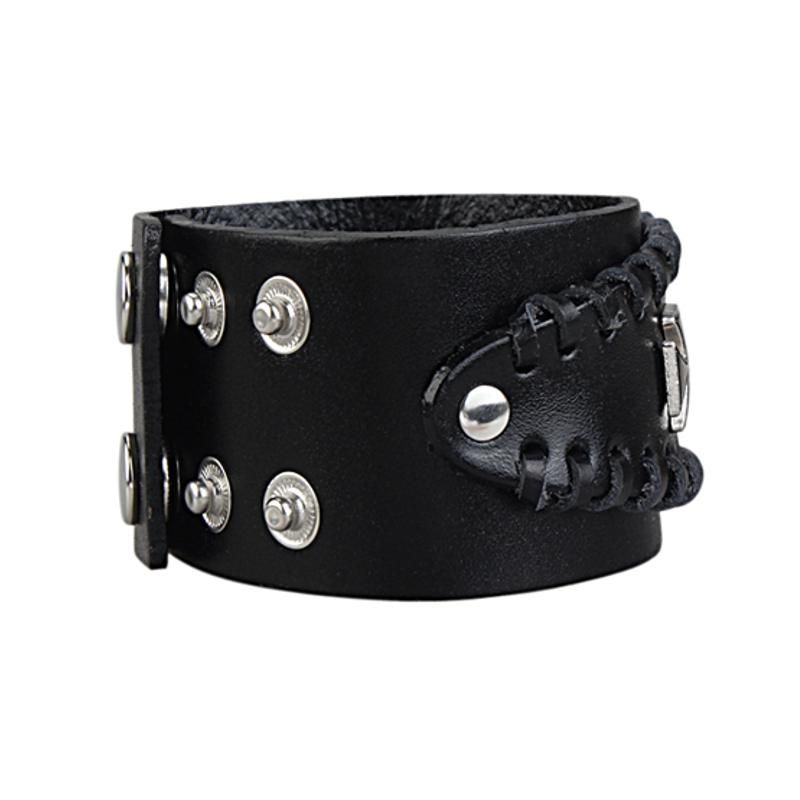 Pulsera De Cuero Genuino Doble Con Cruz De Aleación De Zinc Ajustable Punk Para Hombres