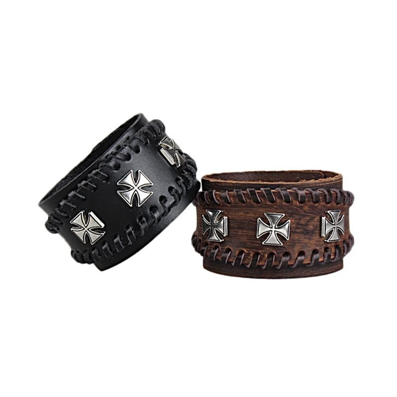 Pulsera De Cuero Genuino Doble Con Cruz De Aleación De Zinc Ajustable Punk Para Hombres