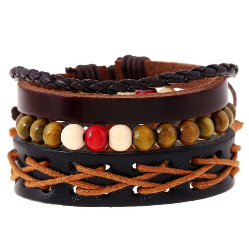 Pulsera De Cuero Multijugador Retro Pulseras De Cuentas De Madera De Cáñamo De Piel De Vaca Para Hombres