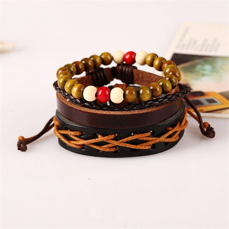 Pulsera De Cuero Multijugador Retro Pulseras De Cuentas De Madera De Cáñamo De Piel De Vaca Para Hombres