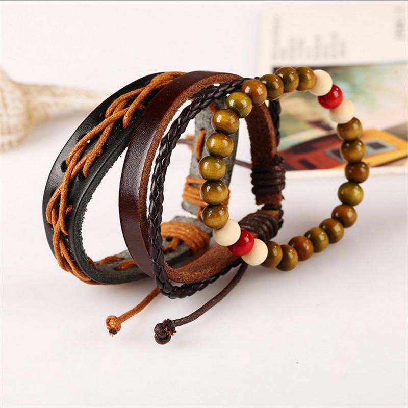 Pulsera De Cuero Multijugador Retro Pulseras De Cuentas De Madera De Cáñamo De Piel De Vaca Para Hombres