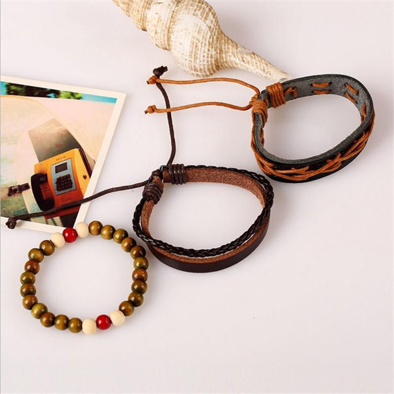 Pulsera De Cuero Multijugador Retro Pulseras De Cuentas De Madera De Cáñamo De Piel De Vaca Para Hombres