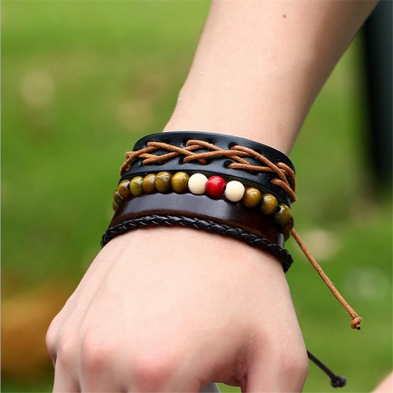 Pulsera De Cuero Multijugador Retro Pulseras De Cuentas De Madera De Cáñamo De Piel De Vaca Para Hombres