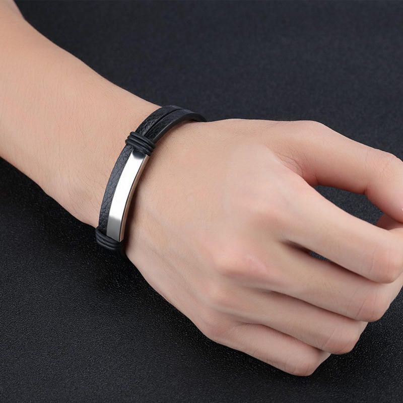 Pulsera De Cuero Para Hombre De Acero Inoxidable Negro Doble