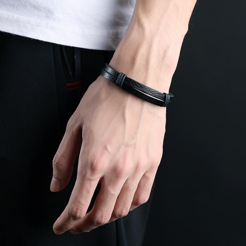 Pulsera De Cuero Para Hombre De Acero Inoxidable Negro Doble