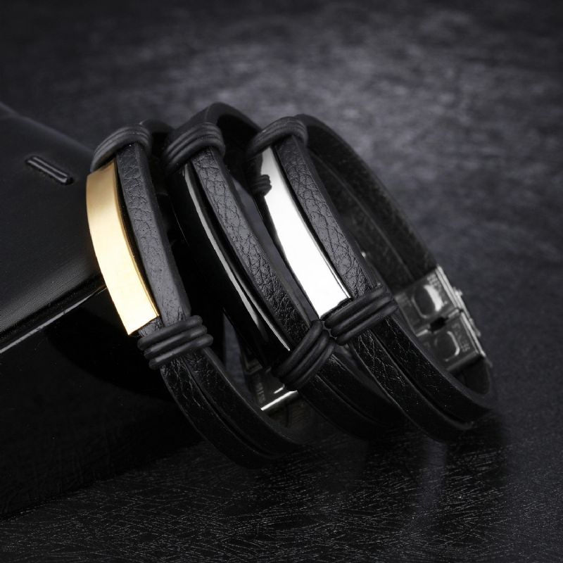 Pulsera De Cuero Para Hombre De Acero Inoxidable Negro Doble