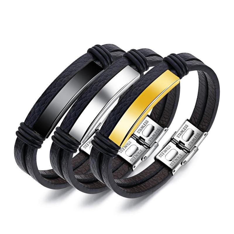 Pulsera De Cuero Para Hombre De Acero Inoxidable Negro Doble