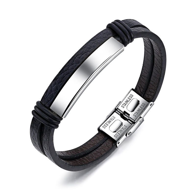 Pulsera De Cuero Para Hombre De Acero Inoxidable Negro Doble