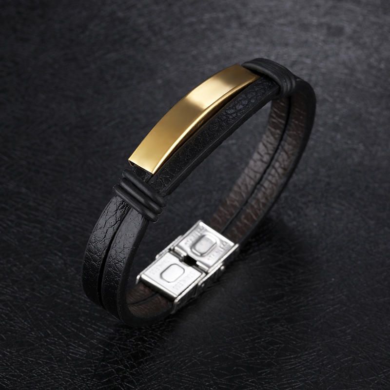 Pulsera De Cuero Para Hombre De Acero Inoxidable Negro Doble