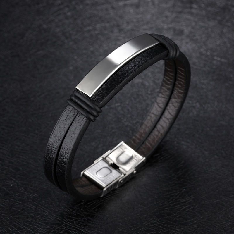 Pulsera De Cuero Para Hombre De Acero Inoxidable Negro Doble