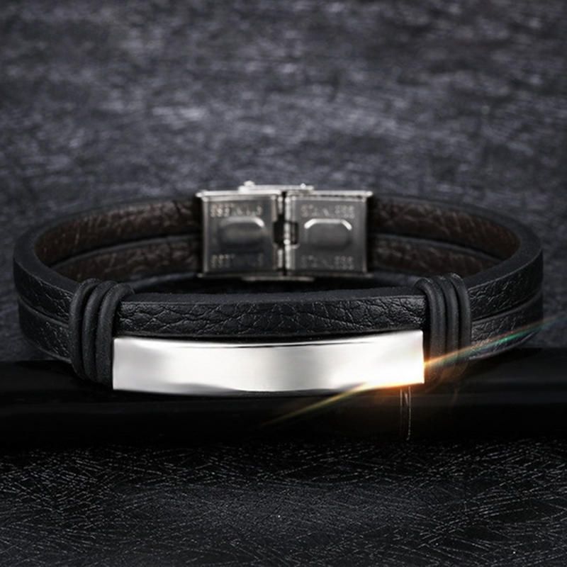 Pulsera De Cuero Para Hombre De Acero Inoxidable Negro Doble