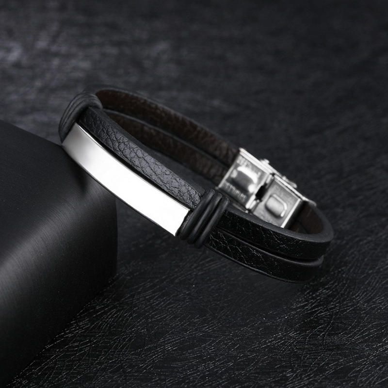 Pulsera De Cuero Para Hombre De Acero Inoxidable Negro Doble