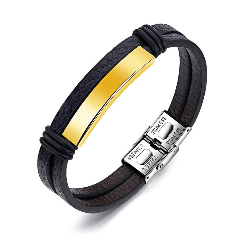 Pulsera De Cuero Para Hombre De Acero Inoxidable Negro Doble