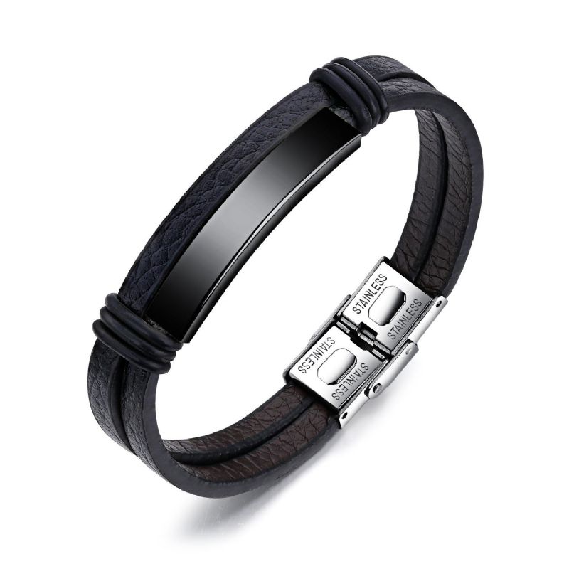 Pulsera De Cuero Para Hombre De Acero Inoxidable Negro Doble