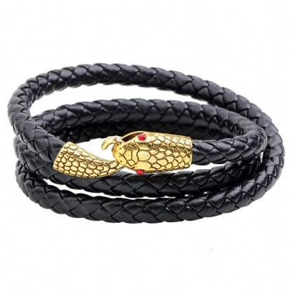 Pulsera De Cuero Punk Multicapa Con Cabeza De Serpiente De Aleación Para Hombre Cadena De Brazalete De Tejido Serpentino