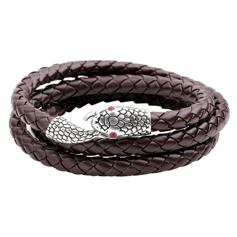 Pulsera De Cuero Punk Multicapa Con Cabeza De Serpiente De Aleación Para Hombre Cadena De Brazalete De Tejido Serpentino