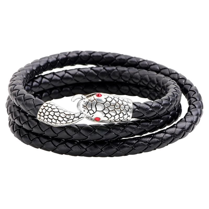 Pulsera De Cuero Punk Multicapa Con Cabeza De Serpiente De Aleación Para Hombre Cadena De Brazalete De Tejido Serpentino