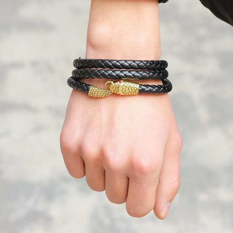 Pulsera De Cuero Punk Multicapa Con Cabeza De Serpiente De Aleación Para Hombre Cadena De Brazalete De Tejido Serpentino